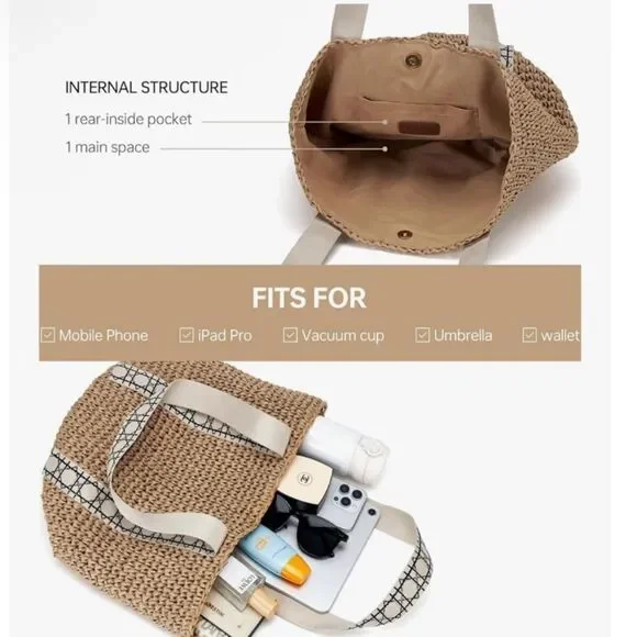 Kiss Sea Shoreline Creations Packable Woven Tote in Tan. New and sealed. - Picture 7 of 11